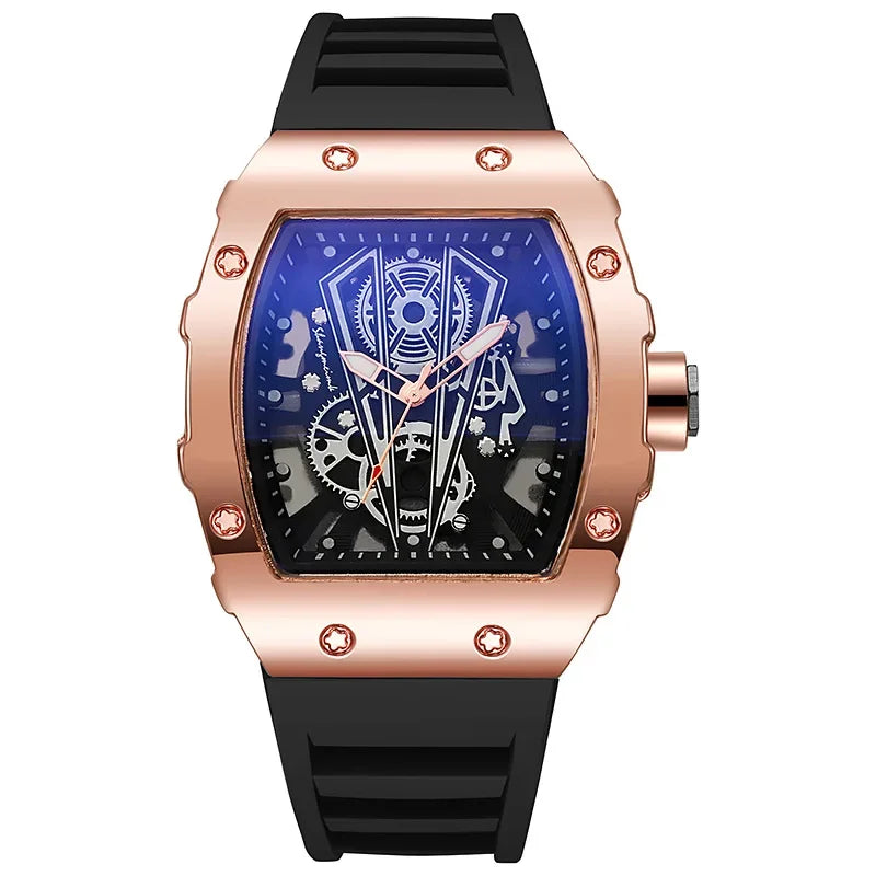 Custom-Made Numberless Men's Watch Fashionable Wine Barrel Style Sports Dial British Quartz Watch with Silicone Band China Made