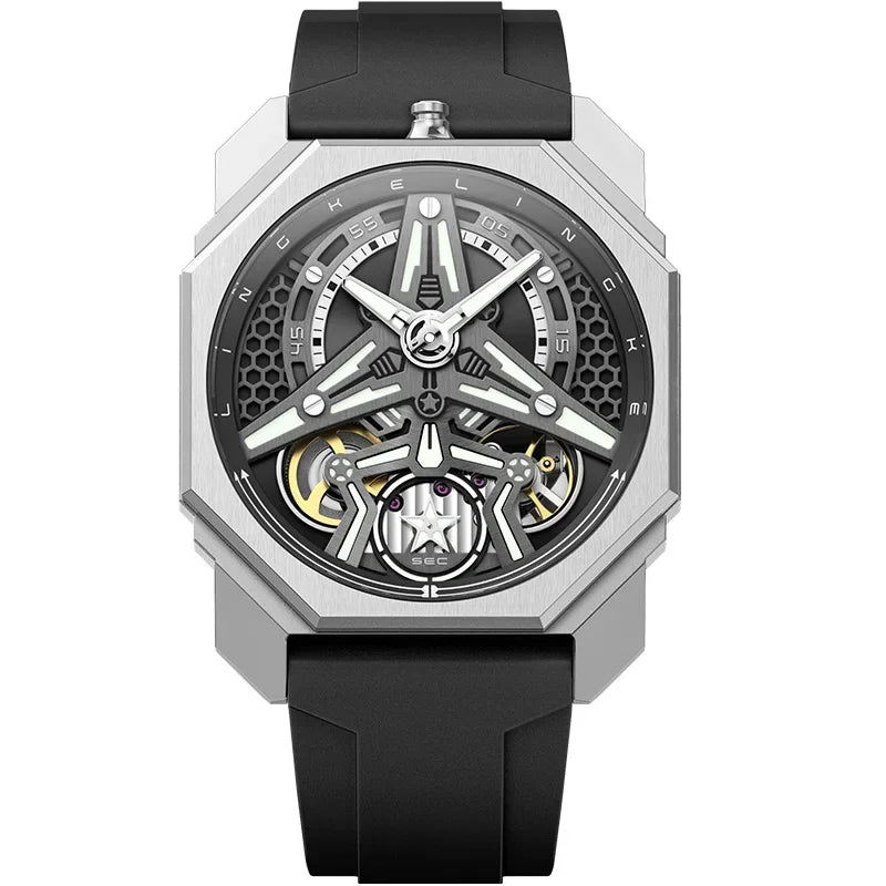 Skeleton Automatic Mechanical Watch Black Silicone Strap Men Clock Male Orologio Man Sliver Steampunk Hombre Relogio Masculino