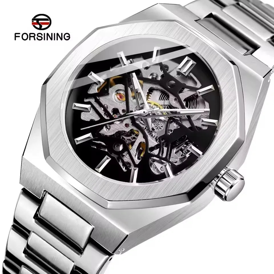 FORSINING 344D Men's Luxury Mechanical Watch - Fashion Skeleton Hollow Dial Steel Strap Business Luminous