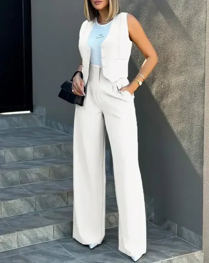 New 2025 Women's Summer Casual 2PCS Pants Sets Solid Vest +Pants Sets Elegant High Waist Wide Leg Outfits Women Matching Sets