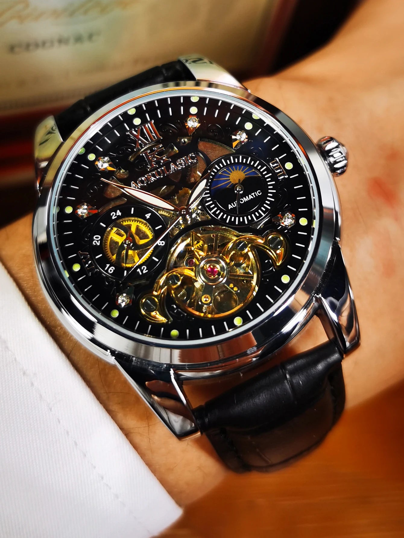 Tourbillon Skeleton Mens Watches Top Brand Luxury Moon Phase 24 Hours Display Iced Out Automatic Mechanical Watch Leather Strap
