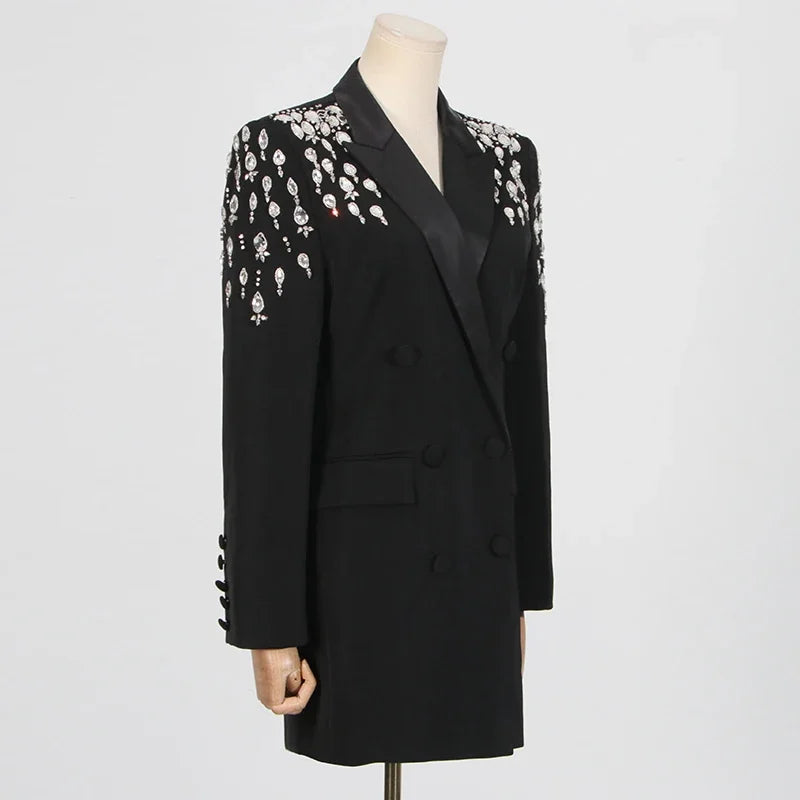 VGH Streetwear Spliceed Diamonds Slim Blazers for Women Notched Collar Long Sleeve Patchwork Button Temperament Coat Female New
