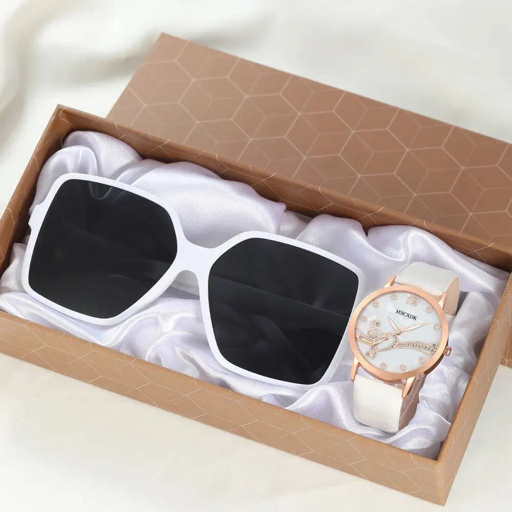 Fashion Watch Glasses Set Casual Leather Belt Watches Women Simple Sunglasses Ladies Iron Tower Dial Quartz Wristwatches Dress C
