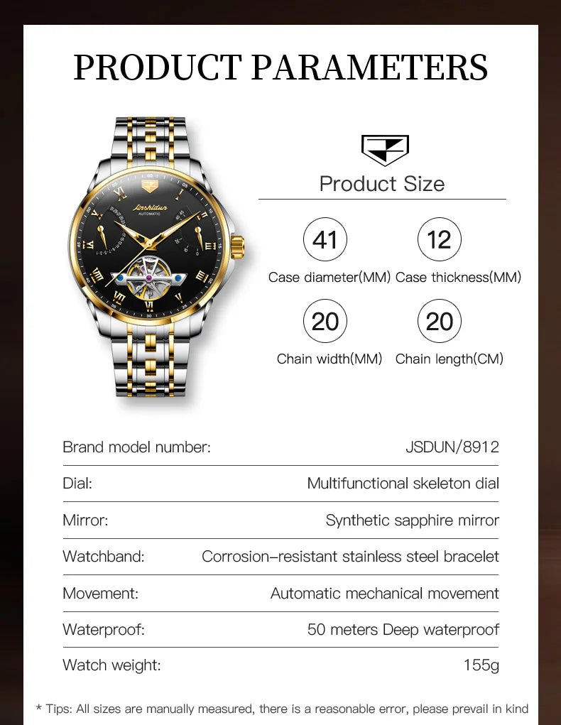 JSDUN Top Brand Fashion Skeleton Multifunction Watches for Men Stainless Steel Waterproof Luxury Automatic Mechanical Man Watch