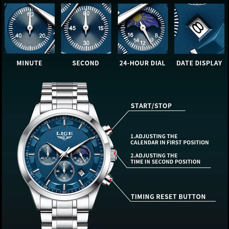 LIGE Gentleman's Elite - Luxury Chronograph Timepiece with Gift Presentation