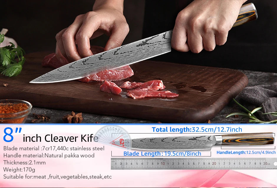 Kitchen Knife Set Chef Knives Japanese 7CR17 440C High Carbon Stainless Steel Imitation Damascus Sanding Laser Knife