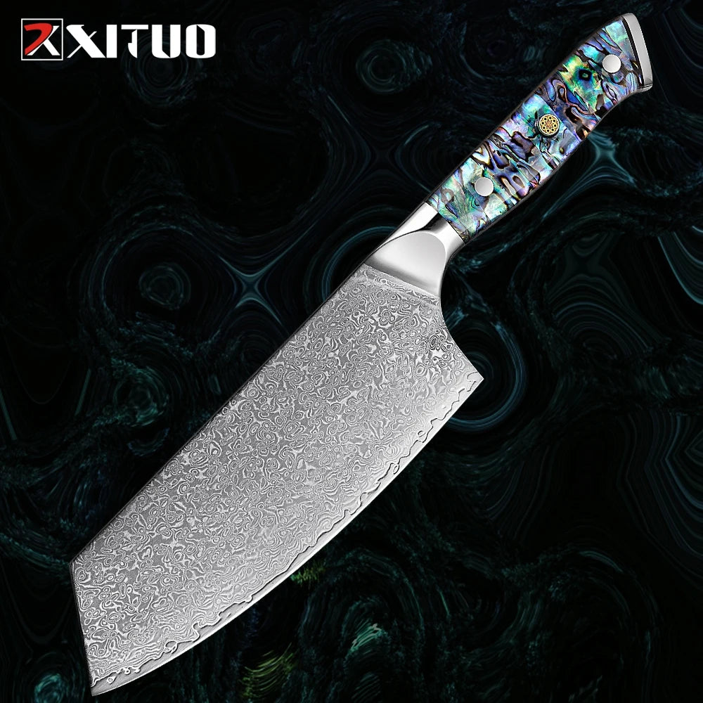 Extremely Sharp Damascus Steel Kitchen Knife Set 1-5Piece Santoku Knife,Utility Knife, Cleaver Knife Acrylic Abalone Handle