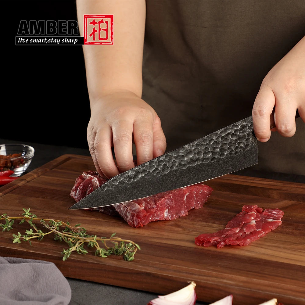 Amber Top Quality 440C high carbon steel black finish kitchen knife set with stablized wood