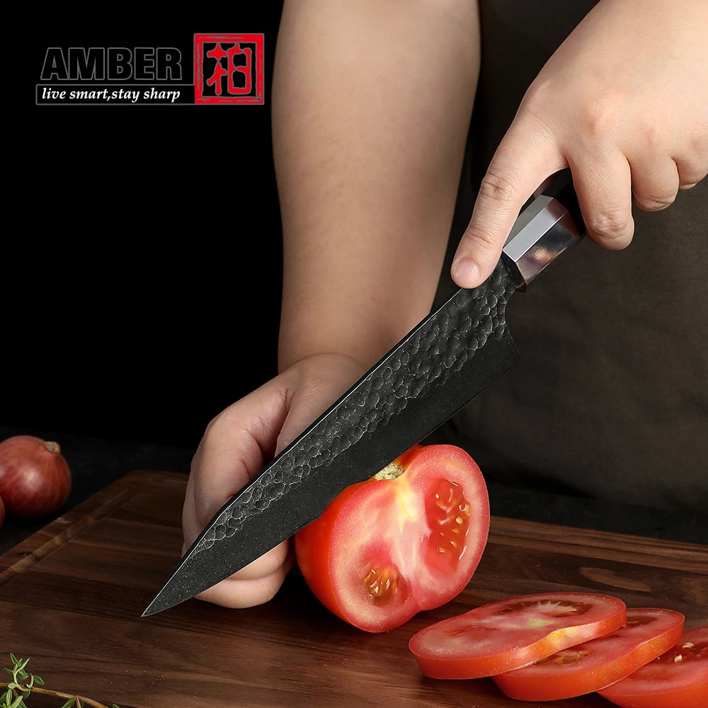 Amber Top Quality 440C high carbon steel black finish kitchen knife set with stablized wood