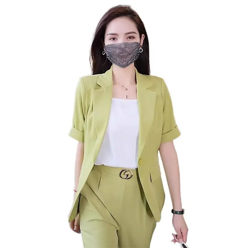 Women's Summer New Fashion Short Sleeved Suit Pants Two Piece Korean Elegant Thin Casual Blazers Jacket Trousers Matching Set