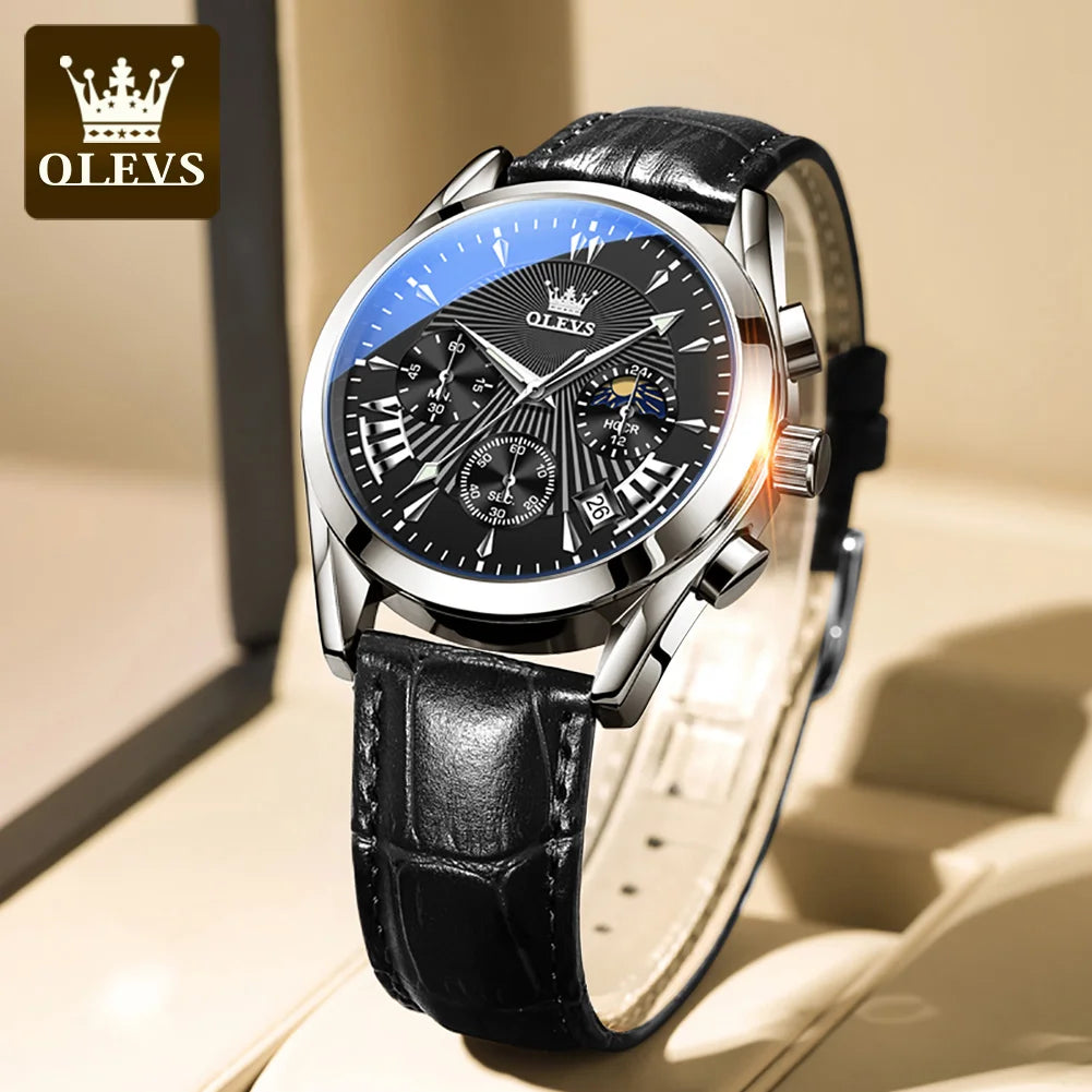 OLEVS 2876 Moon Phase Man Watch Original Genuine Leather Strap Quartz Watch for Men Auto Date Waterproof Luxury Men's Wristwatch
