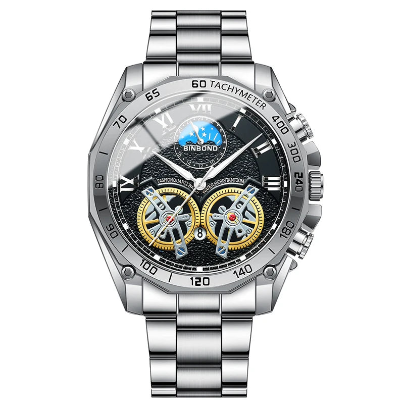 Double Tourbillon Men Watch Non Fully Automatic Hollow Mechanical Watch Fashionable Night Light Calendar Waterproof Quartz Watch
