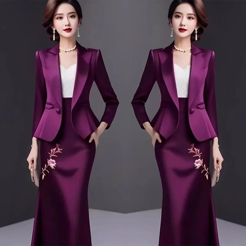 Luxury Celebrity Party Outfits New Elegant Women Formal Suit Flower Embroidery Beading Satin Coat + Midi Skirt Two Piece Sets