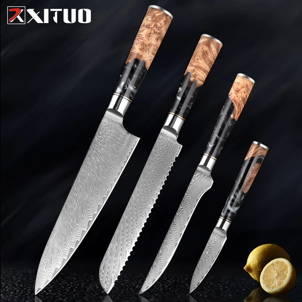 Damascus Steel Kitchen Knives 1-9PC Set XITUO Japanese chef knife Cleaver Bread Knife Resin and wooden Ergonomics handle Sharp