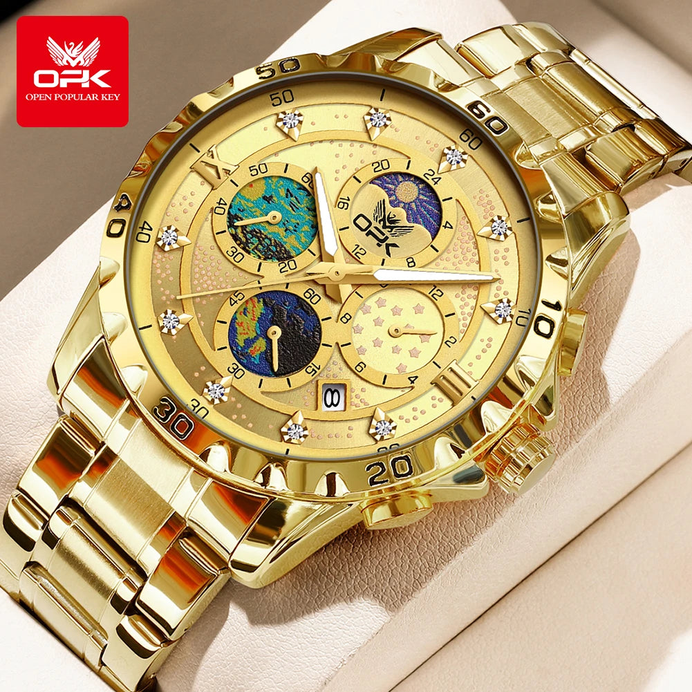 OPK Moon Phase Men's Watches Multi-function Timing code Luminous Waterproof Watch for Man