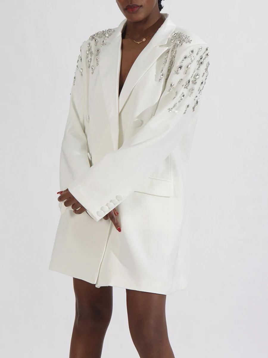 VGH Streetwear Spliceed Diamonds Slim Blazers for Women Notched Collar Long Sleeve Patchwork Button Temperament Coat Female New