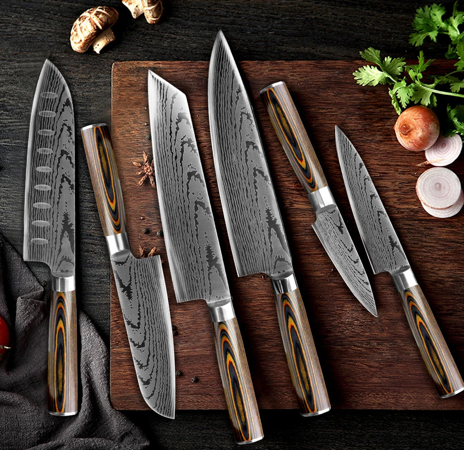 Kitchen Knife Set Chef Knives Japanese 7CR17 440C High Carbon Stainless Steel Imitation Damascus Sanding Laser Knife