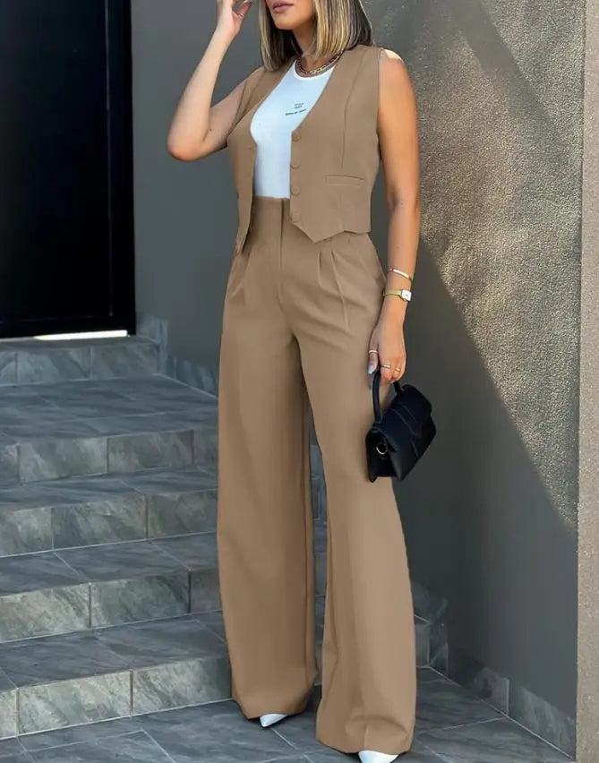New 2025 Women's Summer Casual 2PCS Pants Sets Solid Vest +Pants Sets Elegant High Waist Wide Leg Outfits Women Matching Sets