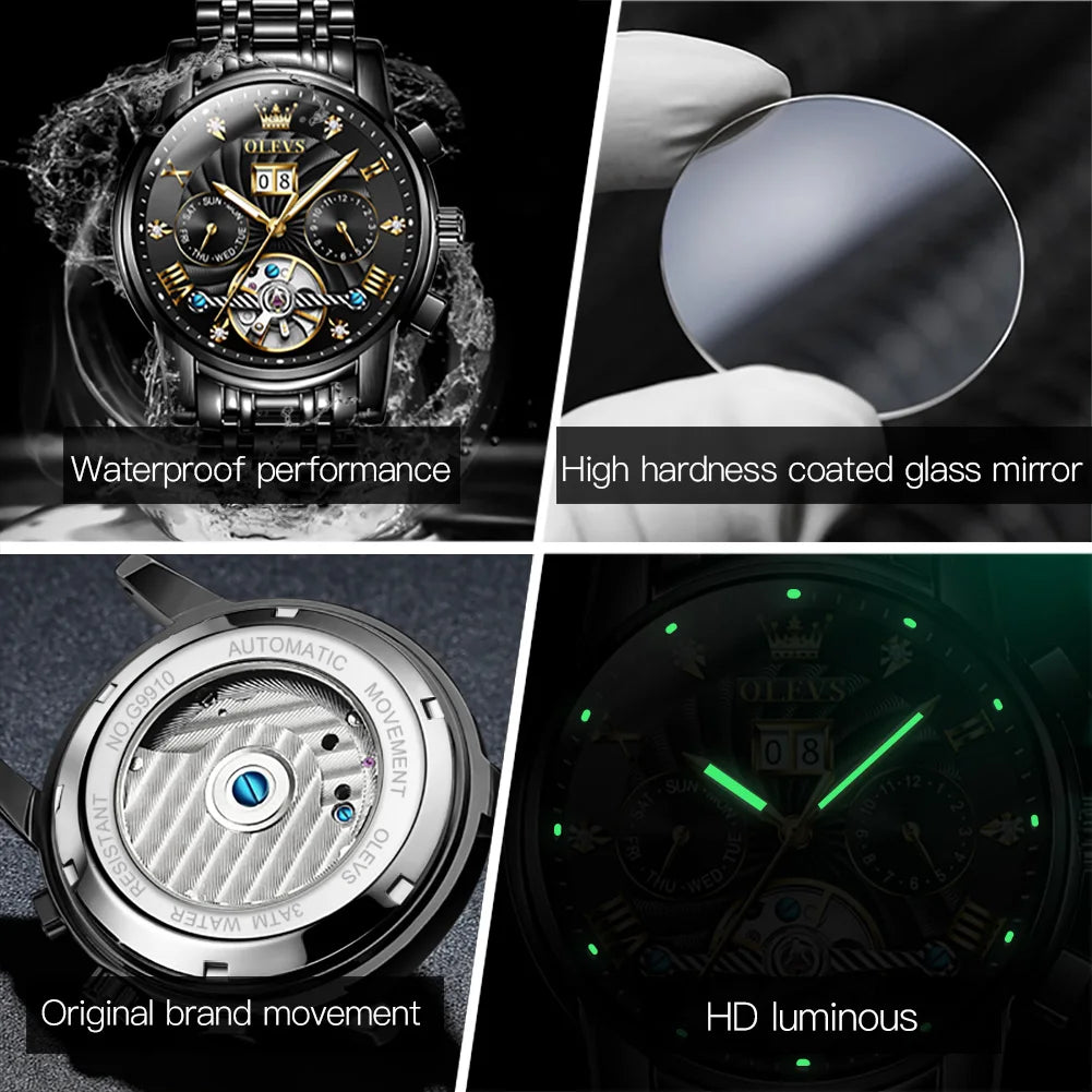 OLEVS Original brand Skeleton Men Watch Luxury Automatic Mechanical watches for man Waterproof Skeleton Luminous reloj hombre