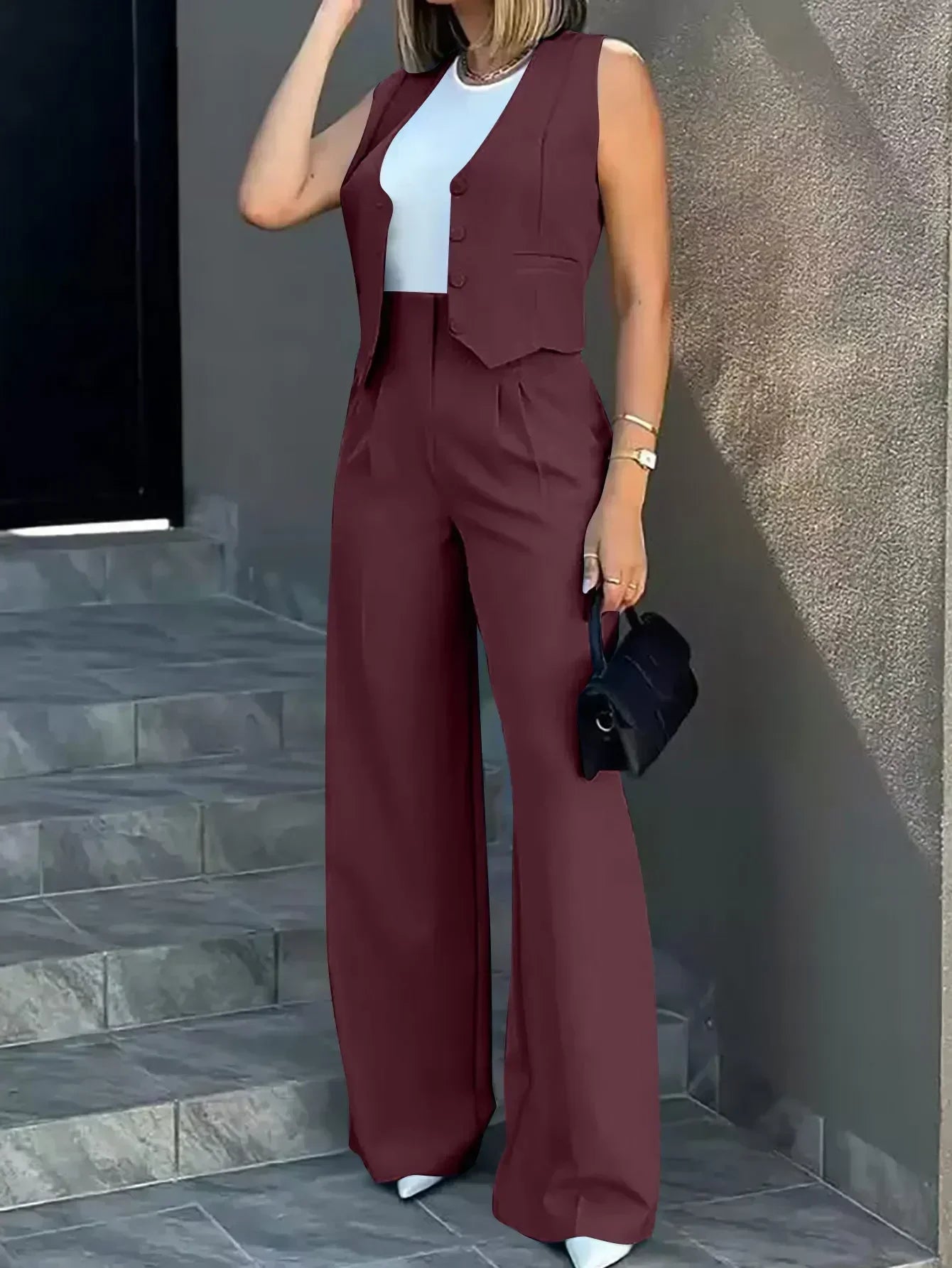 New 2025 Women's Summer Casual 2PCS Pants Sets Solid Vest +Pants Sets Elegant High Waist Wide Leg Outfits Women Matching Sets