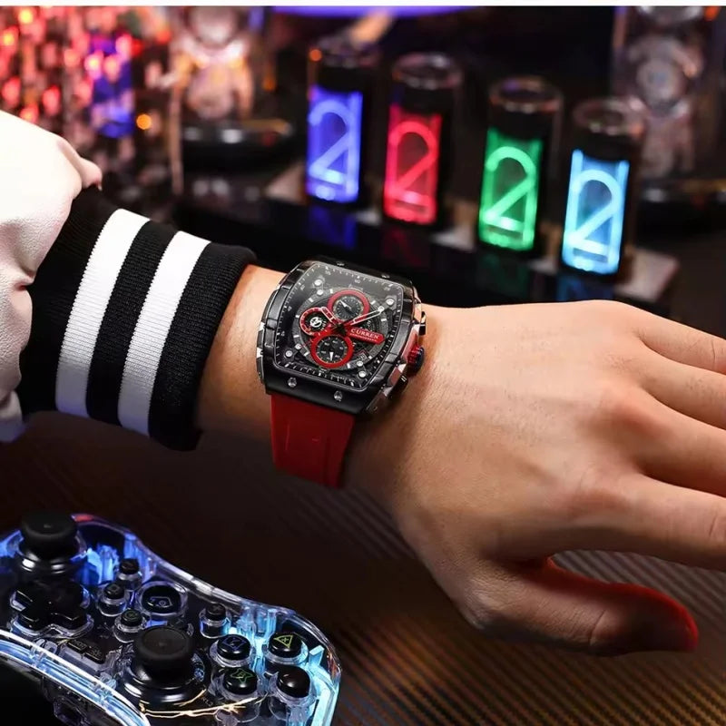 Curren 8442 Men's Rectangular Watch - Unique Hollow Design Sports Chronograph