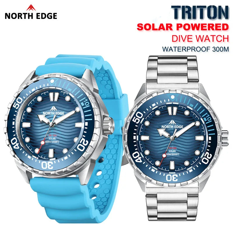 NORTH EDGE TRITON Solar Powered Dive Watch Men Luxury Quartz Watches For Men 316L Stainless Steel Case Waterproof 300M  2025 New