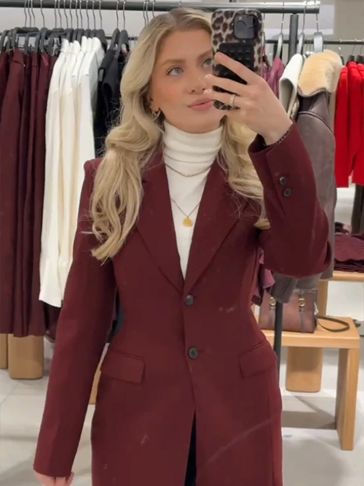 Long Waist Cinched Suit Coat Jacket V-Neck Commuter Minimalist Slim Fit Elegant Women Overcoat Top Professional Formal Spring