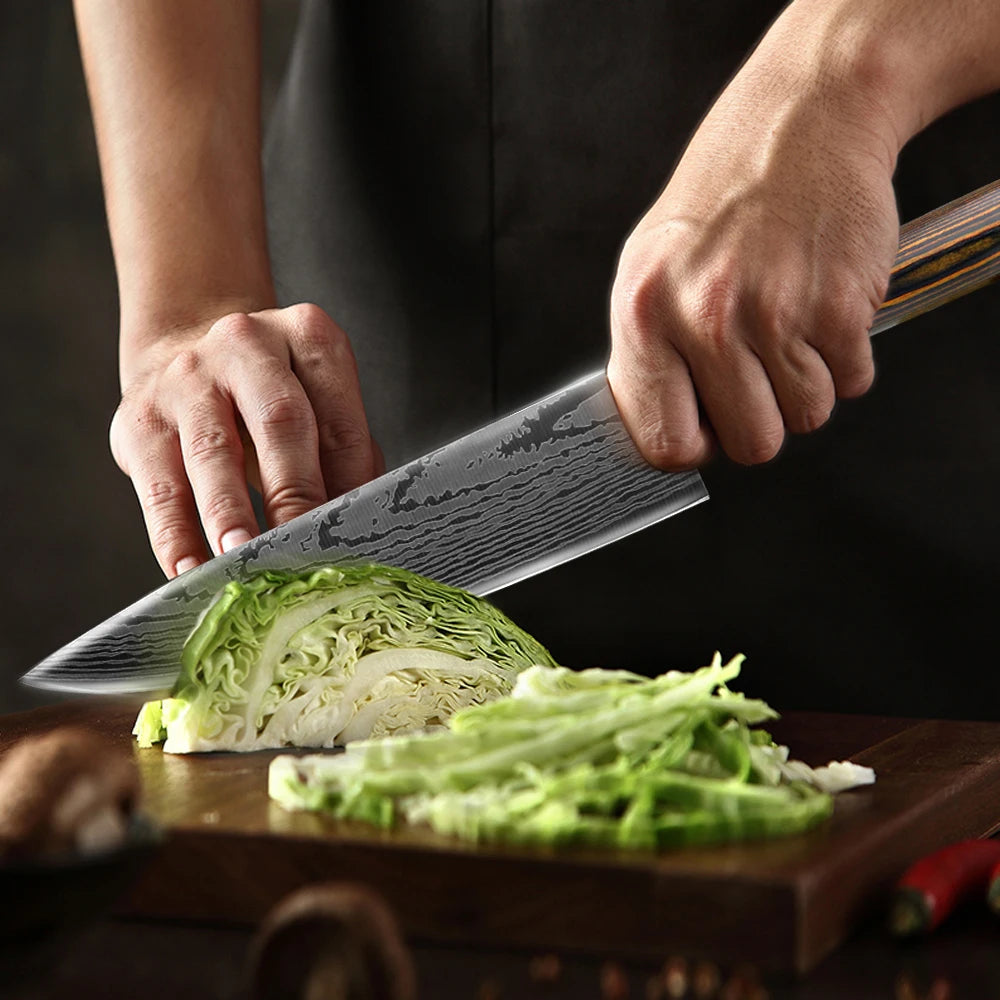 Kitchen Knife Chef Knives Japanese 7CR17 440C High Carbon Stainless Steel Imitation Damascus Sanding Laser Knife