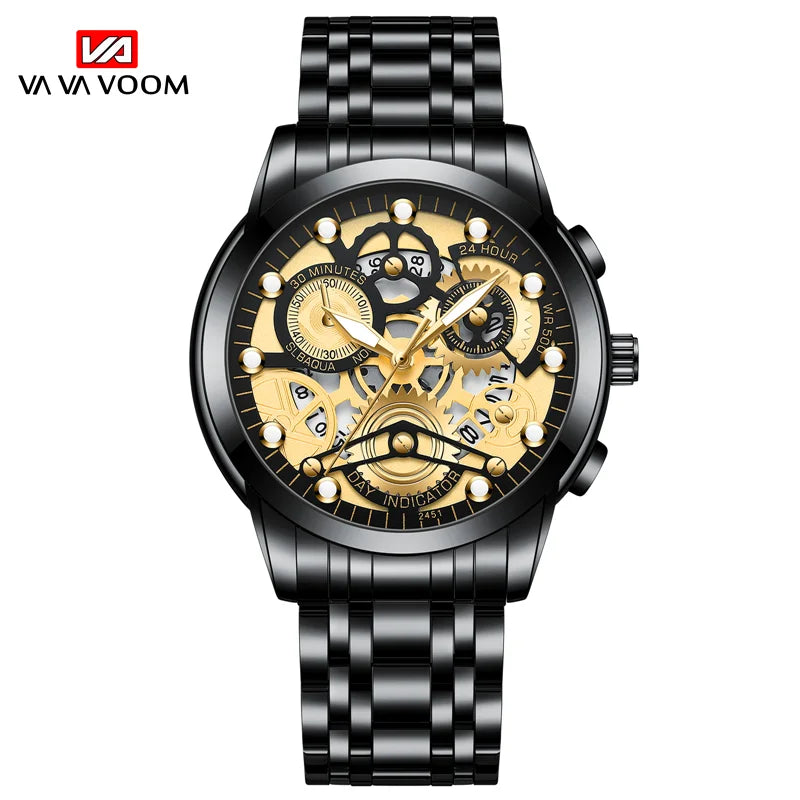 Sports Men's Watch Fashionable Stainless Steel Strap Fashionable Hollow Dial Golden Business Style Original Quartz Watch for Men