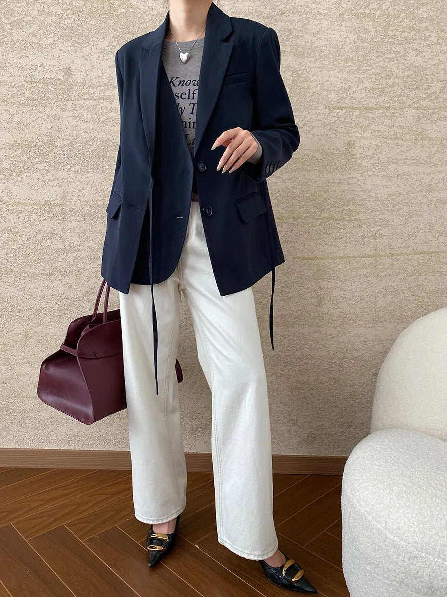 [LANMREM] Designer Asymmetric Spliced Design Lace-up Gathered Waist Blazers For Women Notched Fit Jackets 2025 Winter New 26C565