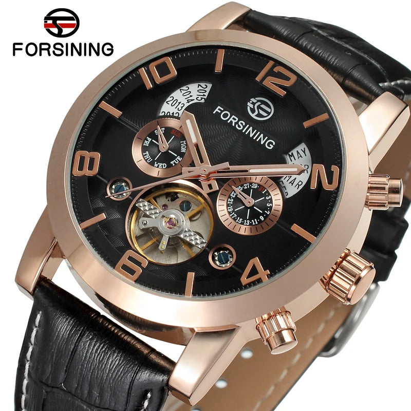 Forsining Fashion Mechanical Male Wristwatches Tourbillon Waterproof Leather Strap Regulator Watches With Perpetual Calendar