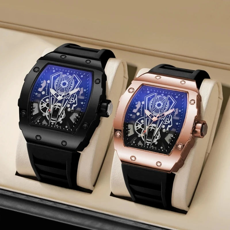 Custom-Made Numberless Men's Watch Fashionable Wine Barrel Style Sports Dial British Quartz Watch with Silicone Band China Made