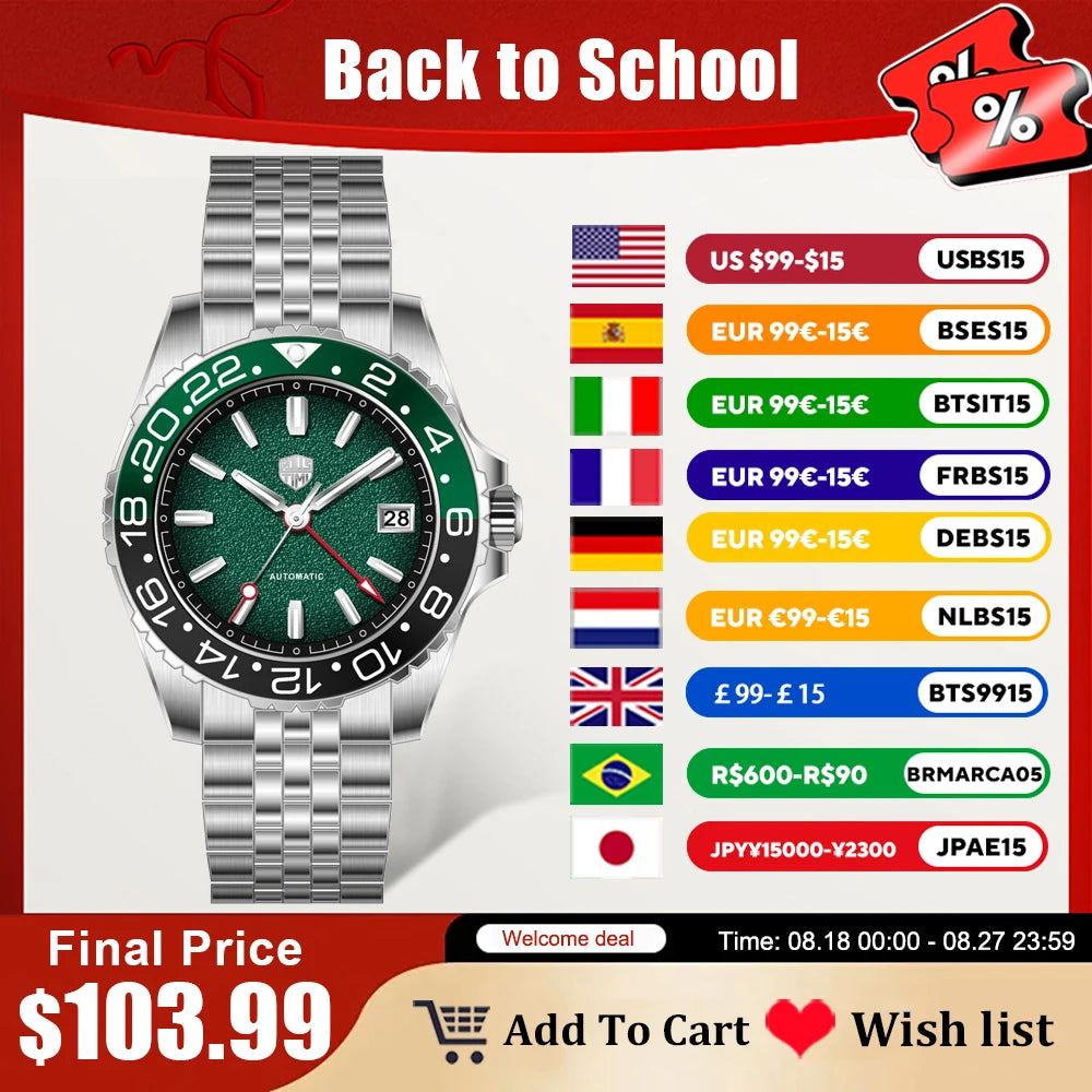 2025 New GMT Men's Watches RollsTimi Automatic Watch For Man NH34 Mechanical Wristwatches AR Sapphire Mirror Luminous Waterproof