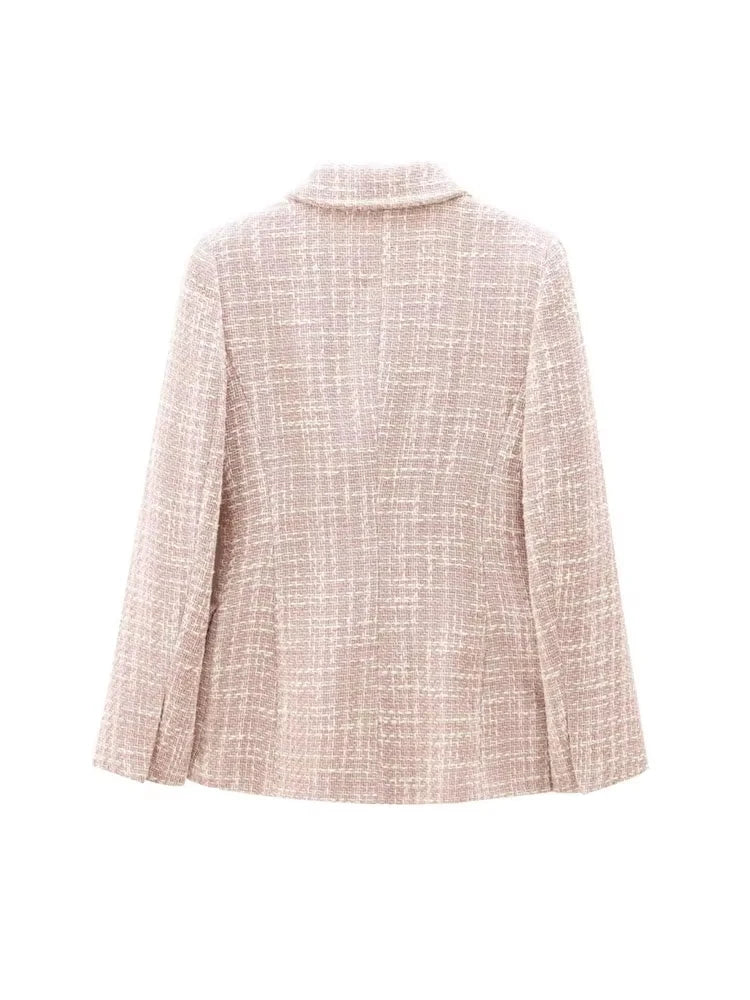 TRZA-Double Breasted Tweed Blazer for Women, Long Sleeve Coat, Flap Pockets, Female Outerwear, Chic Tops, Fashion