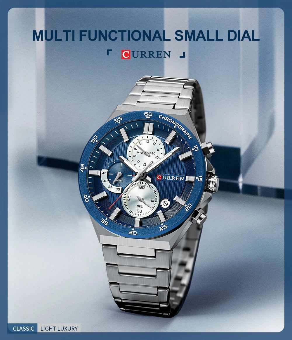 CURREN 43mm Men's Chronograph Watch - Stainless Steel Luminous Sports Luxury Timepiece