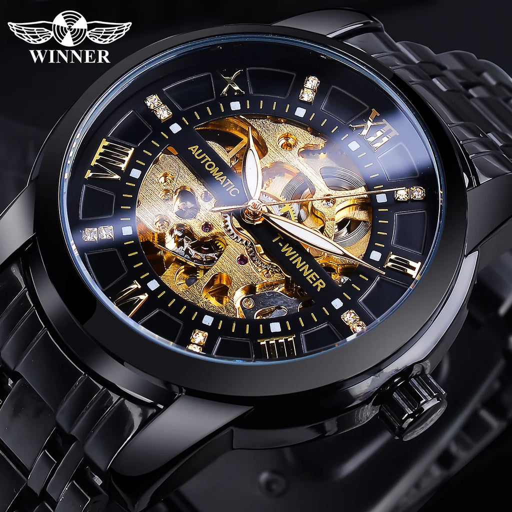 Winner Top Luxury Men Skeleton Automatic Mechanical Watch Fashion Rhinestone Luminous Stainless Steel Business Male Wristwatches