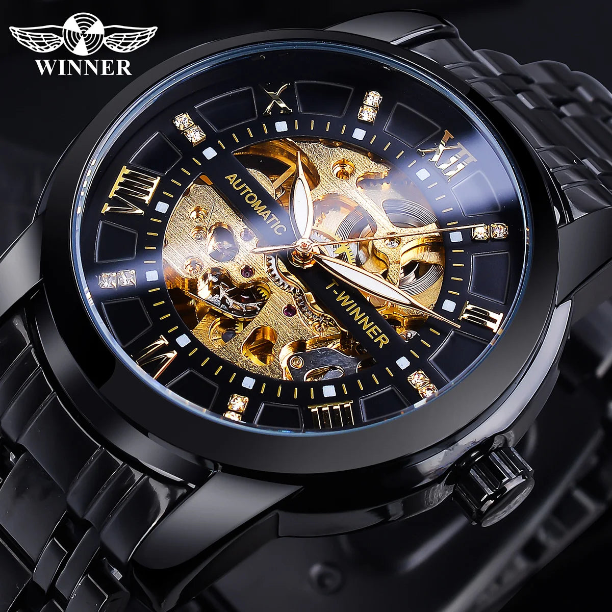 Winner Top Luxury Men Skeleton Automatic Mechanical Watch Fashion Rhinestone Luminous Stainless Steel Business Male Wristwatches