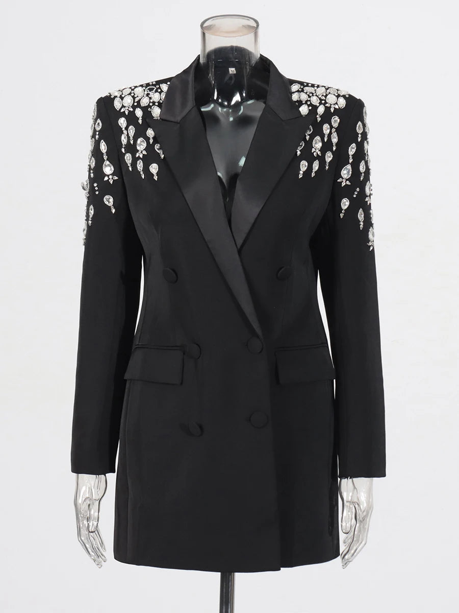 VGH Streetwear Spliceed Diamonds Slim Blazers for Women Notched Collar Long Sleeve Patchwork Button Temperament Coat Female New