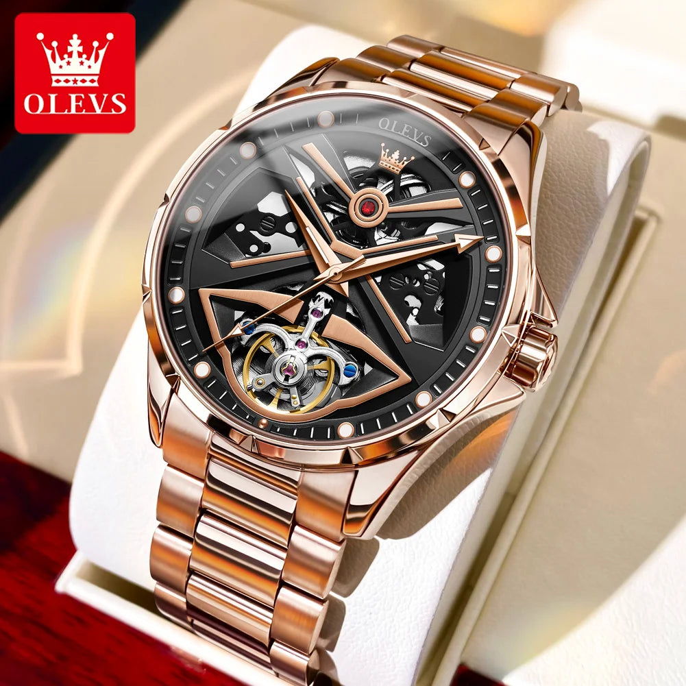 OLEVS 6655 Skeleton Fully Automatic Watch for Men Top Original Luxury Men's Mechanical Wristwatch Luminous Waterproof Man Watch