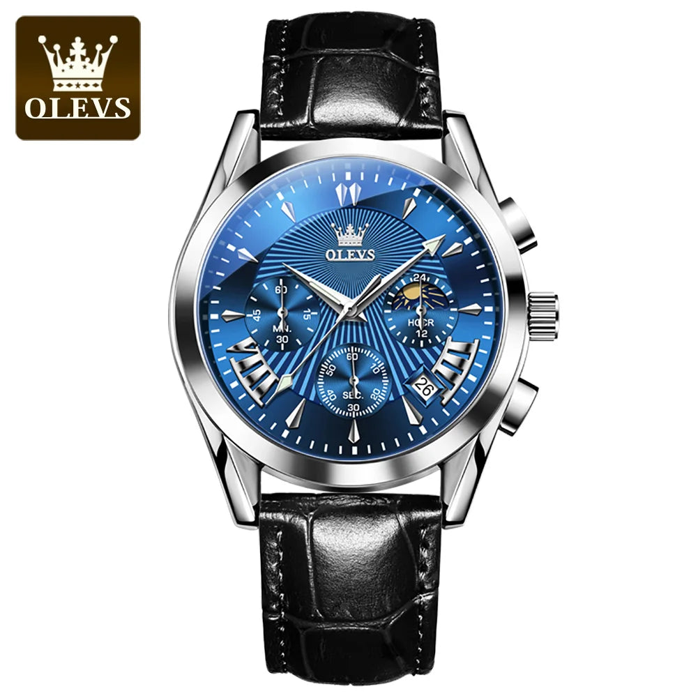 OLEVS 2876 Moon Phase Man Watch Original Genuine Leather Strap Quartz Watch for Men Auto Date Waterproof Luxury Men's Wristwatch