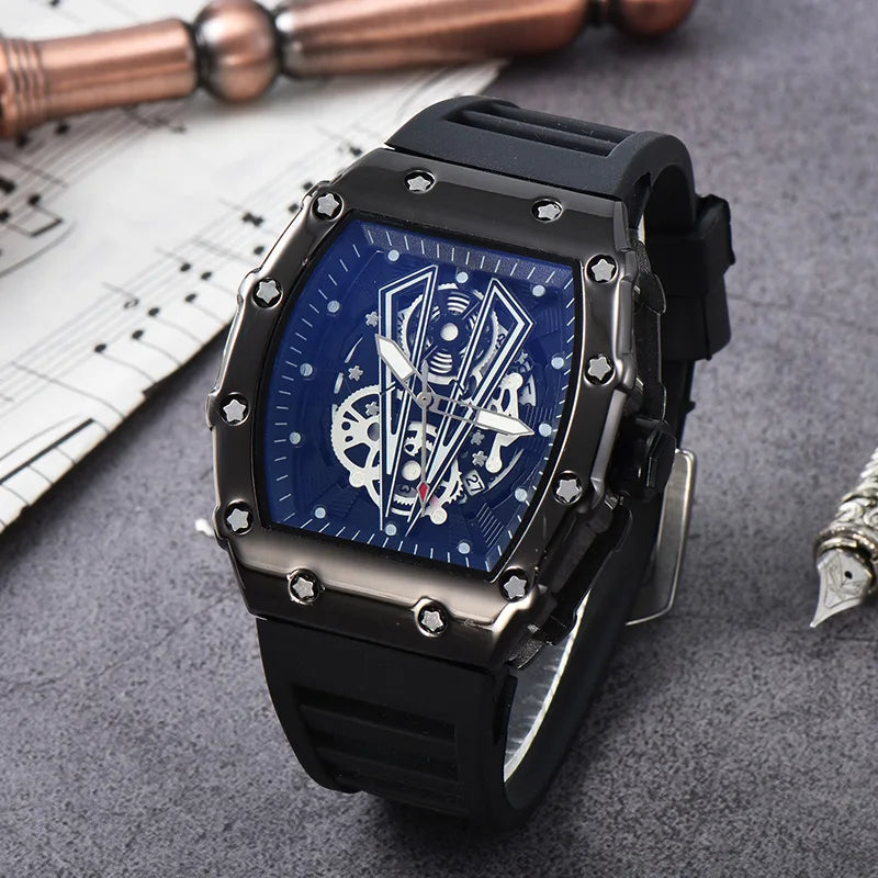 Skeleton Men's Watch Fashion Automatic Movement Barrel Luminous Waterproof Clock Sports Male's Silicone Strap Quartz Wristwatch