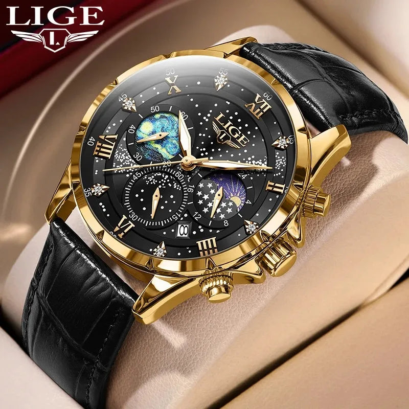 LIGE Chrono Master - Luxury Leather Waterproof Date Chronograph