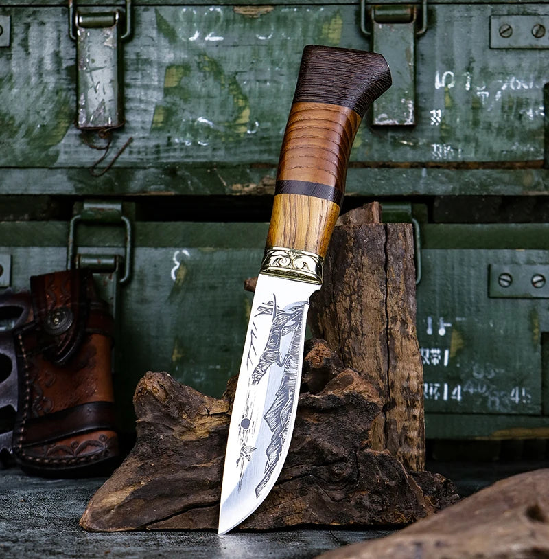 Kitchen Knife Set Beautifully Corroded Pattern Double Solid Wood Splice Copper Head Handle High Hardness Steel Carving Knife