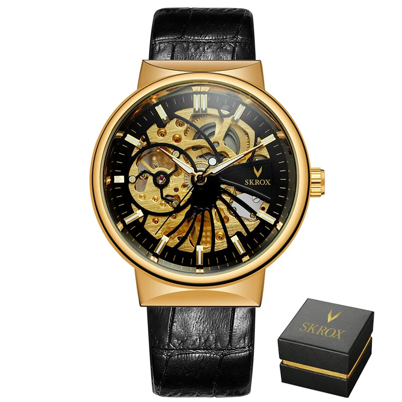 SKROX Vintage Skeleton Man Watch Thin Mechanical Luminous Male Wrist Watches Original Top Brand Luxury Clockwork reloj hombre