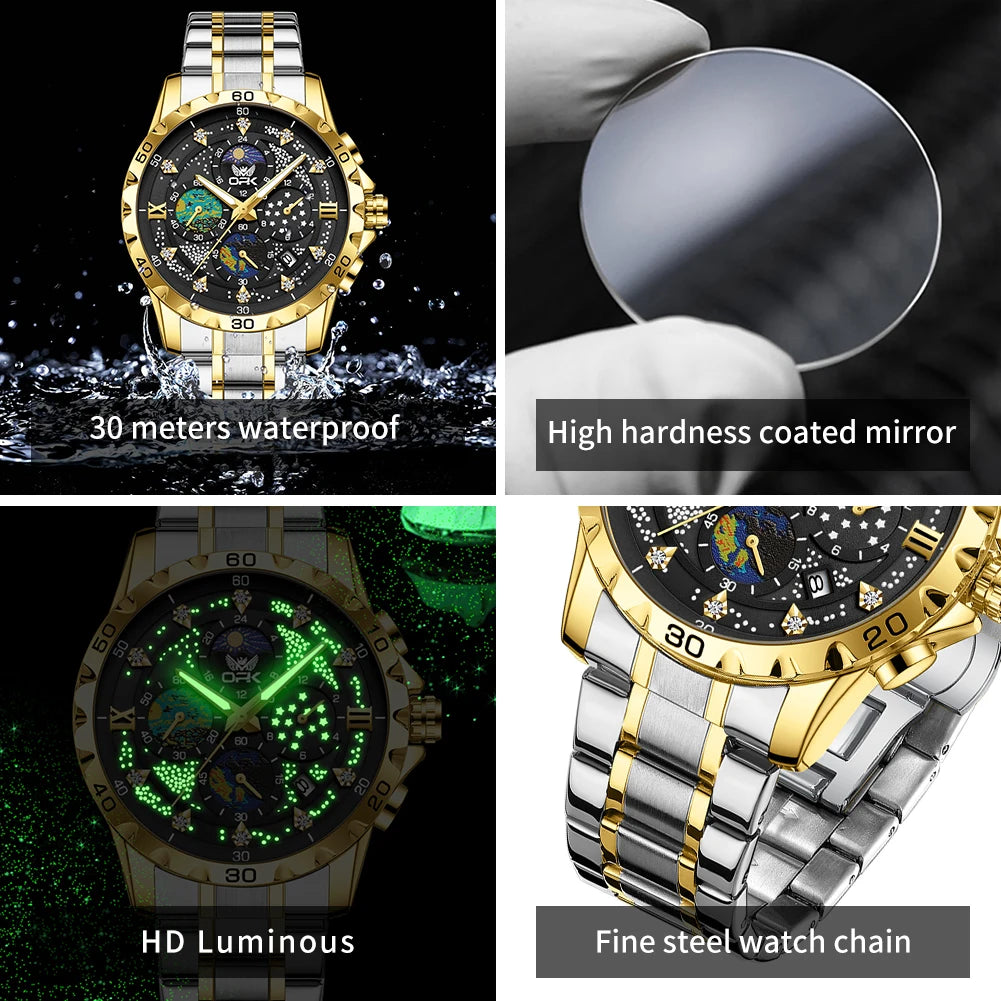 OPK Moon Phase Men's Watches Multi-function Timing code Luminous Waterproof Watch for Man
