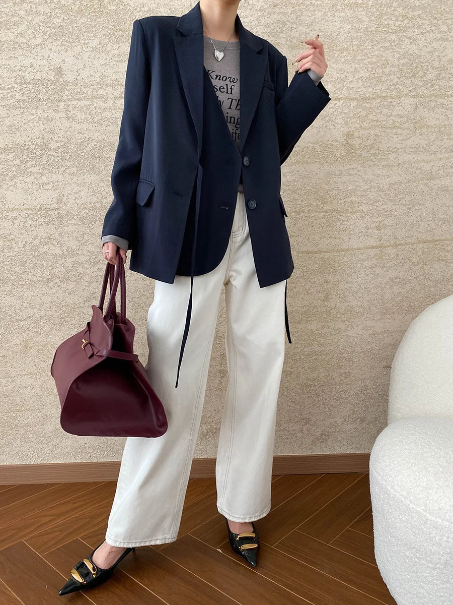 [LANMREM] Designer Asymmetric Spliced Design Lace-up Gathered Waist Blazers For Women Notched Fit Jackets 2025 Winter New 26C565
