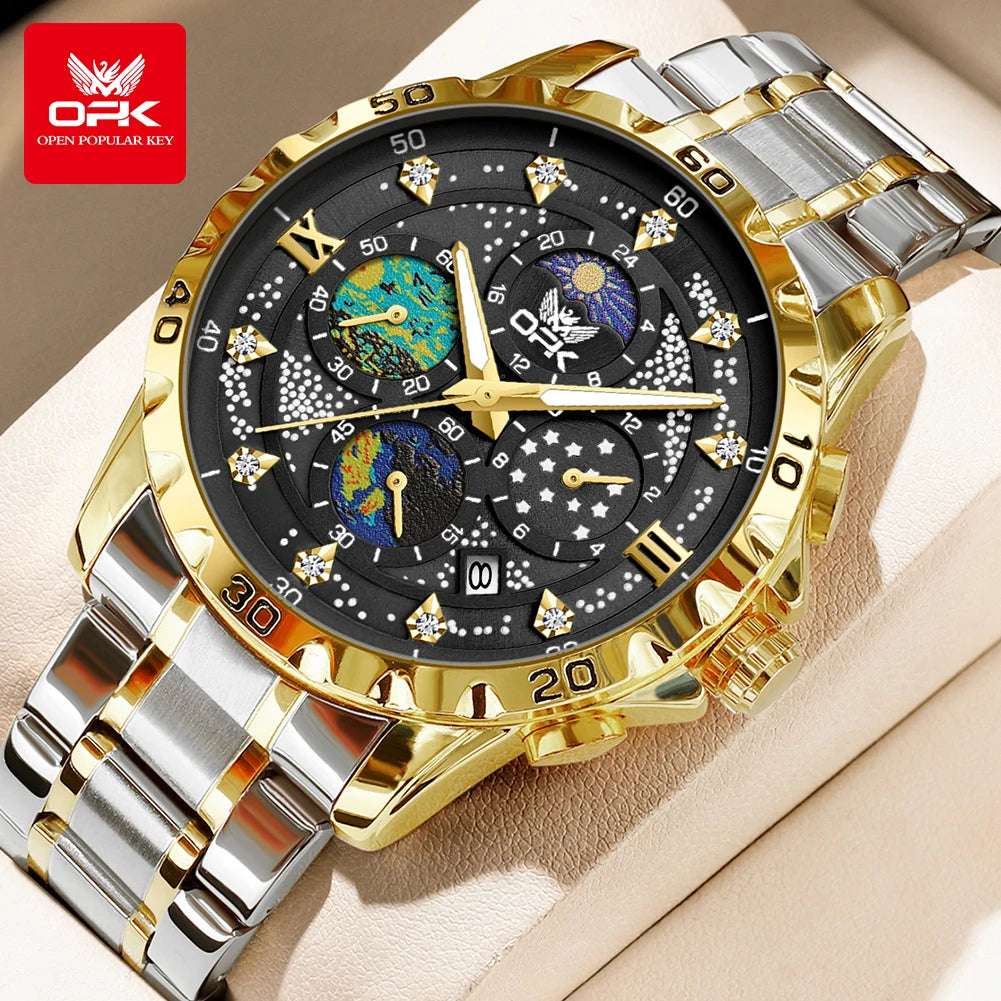 OPK Moon Phase Men's Watches Multi-function Timing code Luminous Waterproof Watch for Man