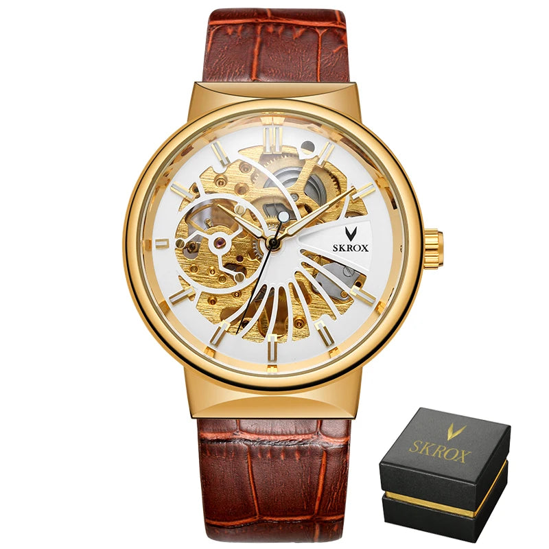 SKROX Vintage Skeleton Man Watch Thin Mechanical Luminous Male Wrist Watches Original Top Brand Luxury Clockwork reloj hombre