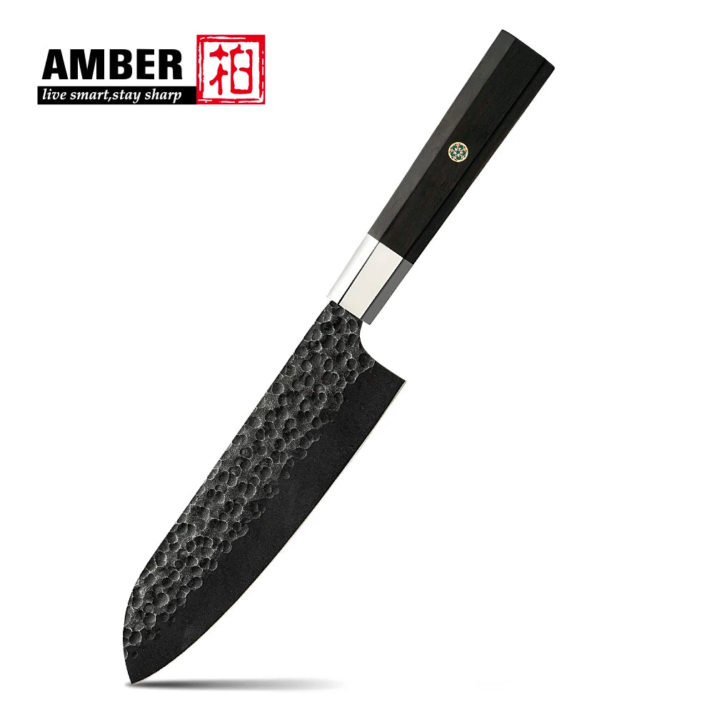Amber Top Quality 440C high carbon steel black finish kitchen knife set with stablized wood