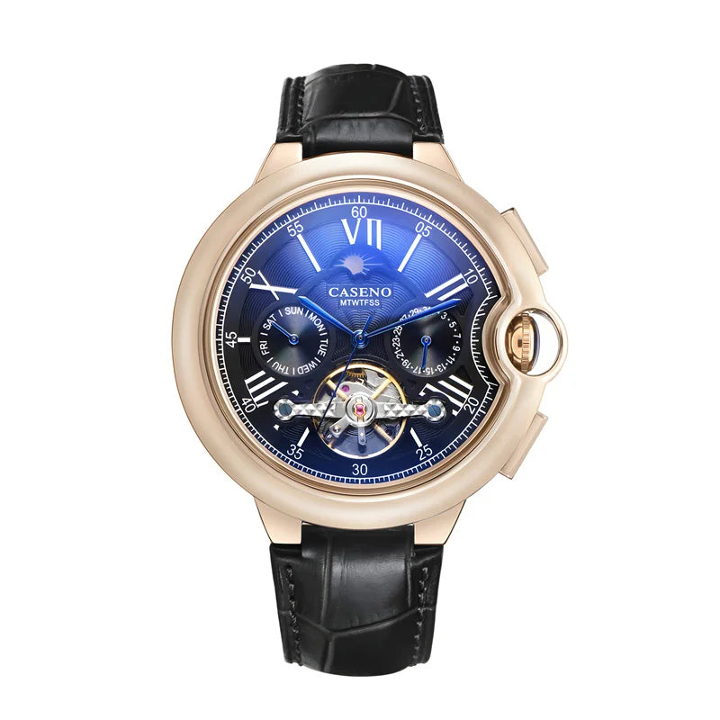 Men Watches Luxury Moon Phase Automatic Mechanical Watch Week Date Tourbillon Clock Leather Strap Waterproof Military Watch Men